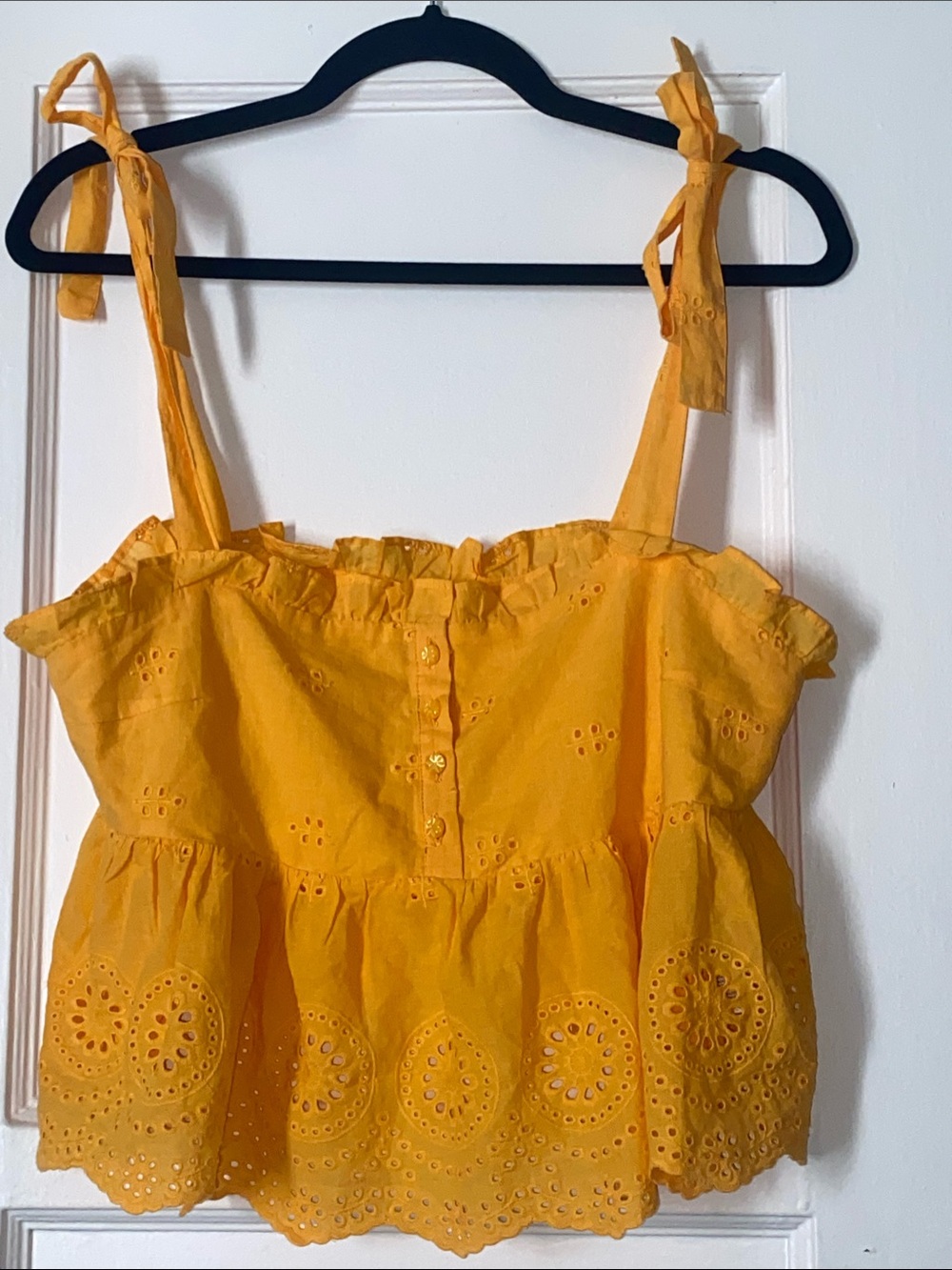 Urban Outfitters Yellow Eyelet Tie-Shoulder Lace Ruffled Women's Top Size M. - Picture 9 of 9